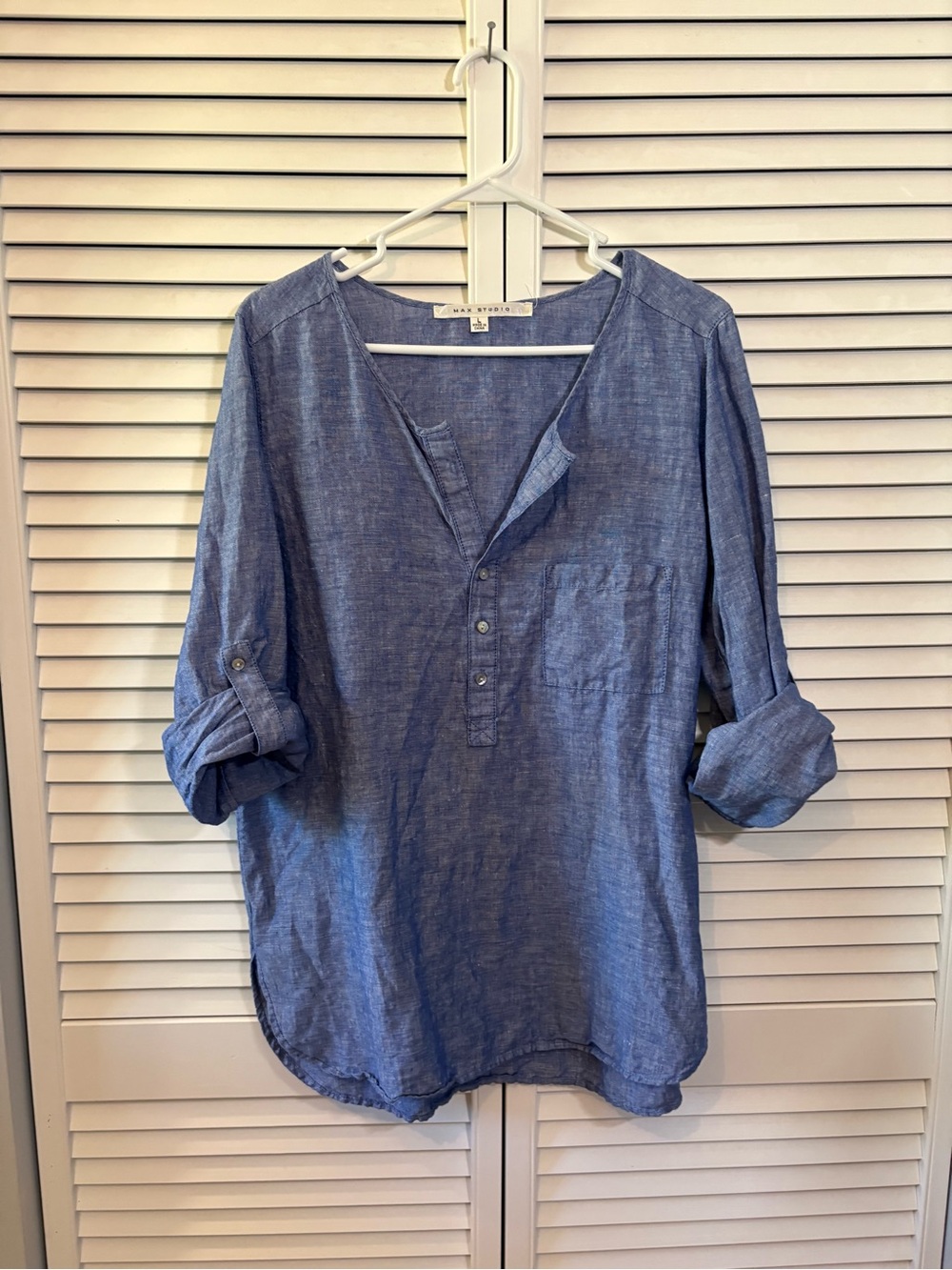 Max Studio Heather Blue Roll-Tab 3/4 Sleeve Women's Large Linen Cotton Blouse